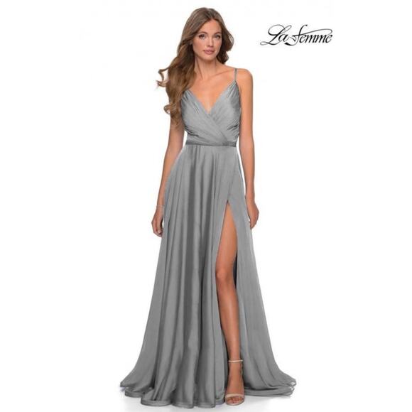 La Femme Chiffon Long Dress w/ pleated bodice w/ hidden zipper in Platinum. 
12 - Picture 1 of 11